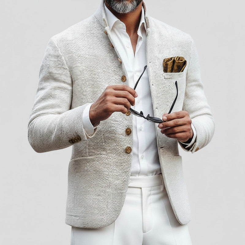 Men's Solid Tweed Stand Collar Single Breasted Casual Jacket MTA2939H6Z