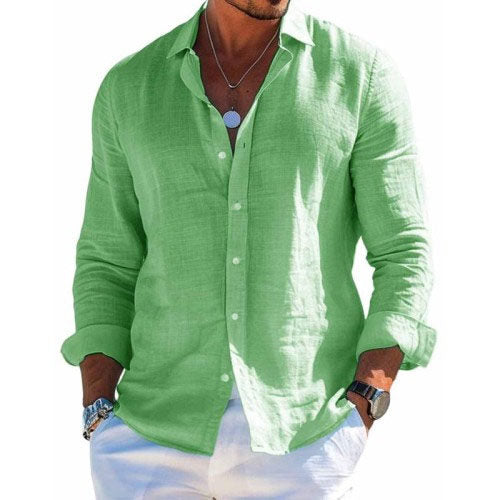 Chemise à revers décontractée en coton et lin pour hommes de couleur unie 31793795X