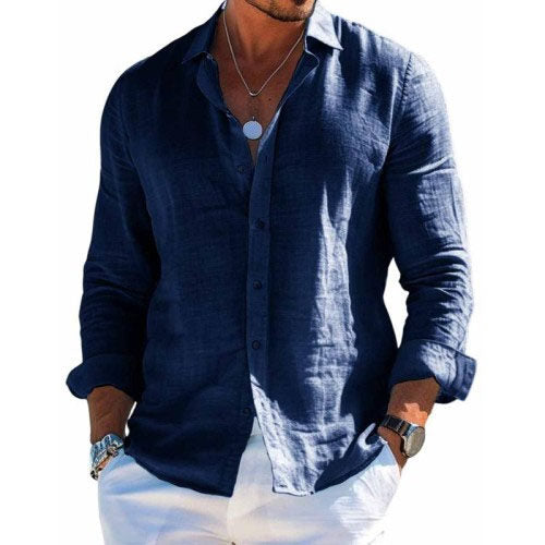 Chemise à revers décontractée en coton et lin pour hommes de couleur unie 31793795X