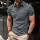 Men's Solid Color Button Pocket Sports Lapel Short Sleeve POLO Shirt 23463175X