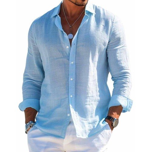 Chemise à revers décontractée en coton et lin pour hommes de couleur unie 31793795X