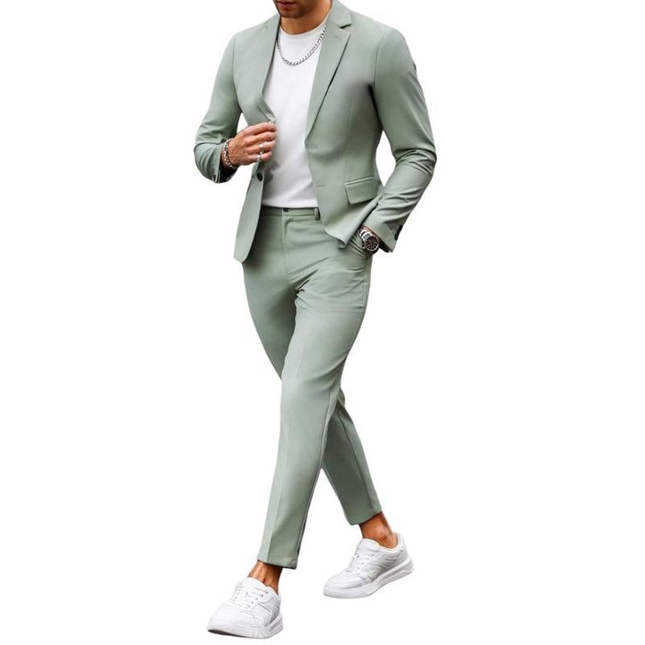 Men's Solid Color Casual Suit Jacket, Long Sleeves and Trousers Three-piece Set 19960272X