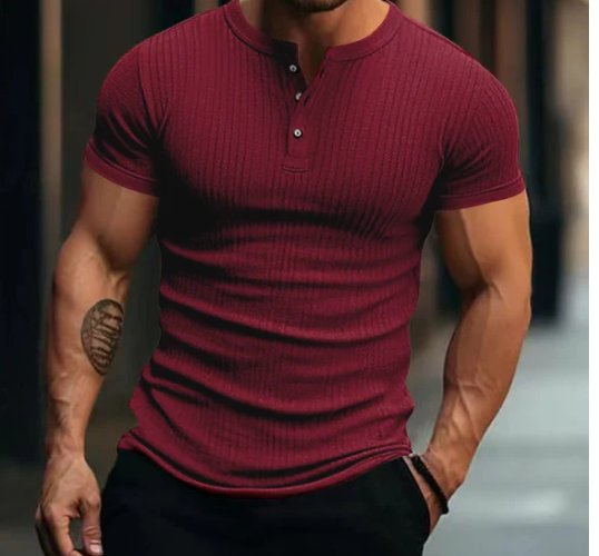 Camiseta Henley de manga corta de punto elástico informal para hombre 00095453X