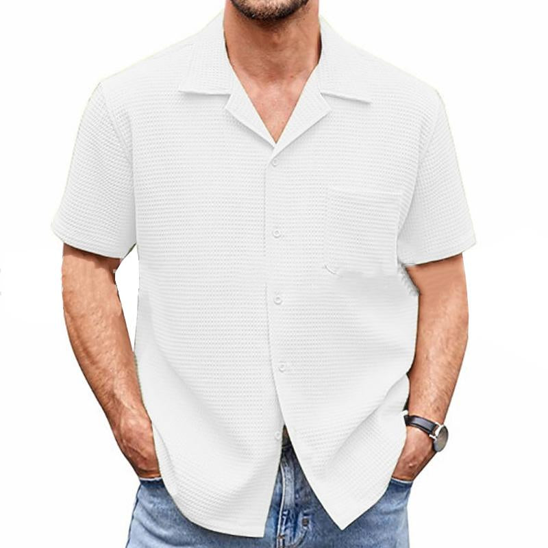 Men's Casual Lapel Solid Color Short Sleeve Waffle Shirt 88767872M