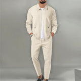 Men'S Solid Color Waffle Lapel Jacket And Pants Set 29554016Y