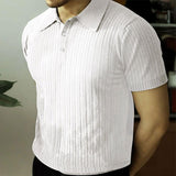 Men's Casual Solid Color Striped Lapel Short Sleeve Polo Shirt 31479599M