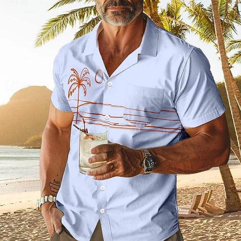 Men's Casual Coconut Print Chest Pocket Short Sleeve Shirt 09497666Y