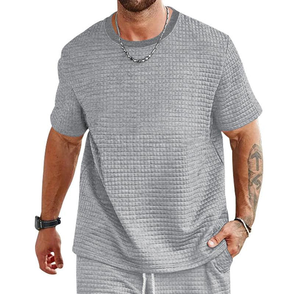 Men's Casual Solid Color Waffle Round Neck Short Sleeve T-Shirt 14114235Y