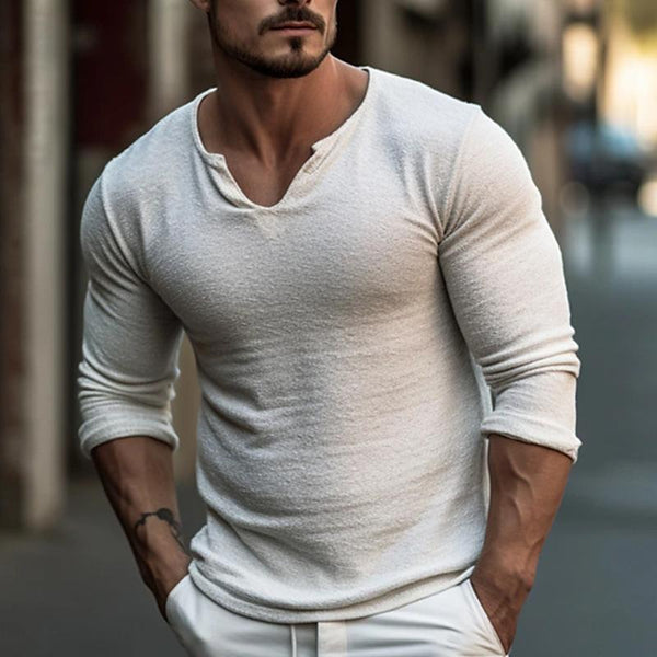 Men's Casual Solid Color V-Neck Long-Sleeved T-Shirt 76026065Y