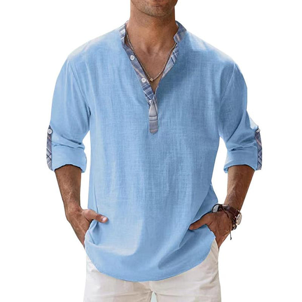 Men's Loose Stand Collar Sport Color Block Long Sleeve Cotton Linen Shirt 88611865X