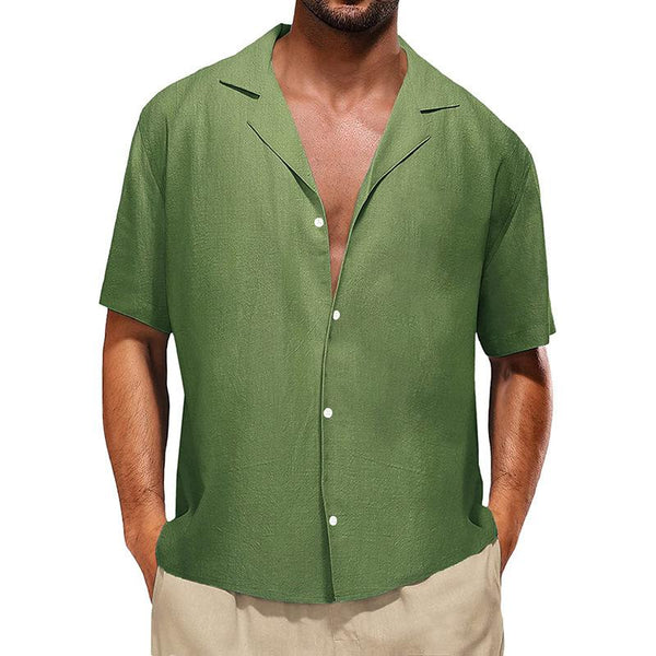 Men's Casual Solid Color Cotton Linen Lapel Loose Short Sleeve Shirt 30698355M