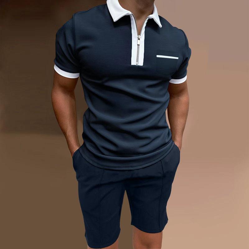 Men's Contrast Lapel Short Sleeve Shorts Two Piece Set 26969796X