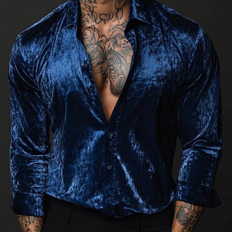 Men's Royal Blue Velvet Long Sleeve Shirt 63363865U