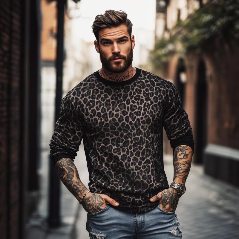 Men's Retro Casual Leopard Print Round Neck Colorblock Long Sleeve T-Shirt 79123683TO