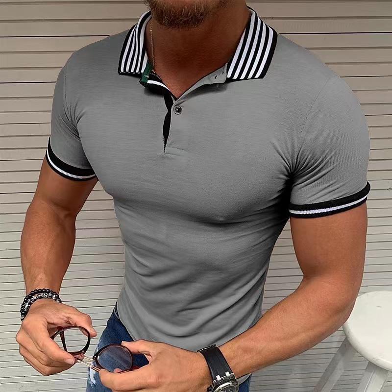 Men's Striped Lapel Solid Color Short Sleeve Polo Shirt 92056343Z