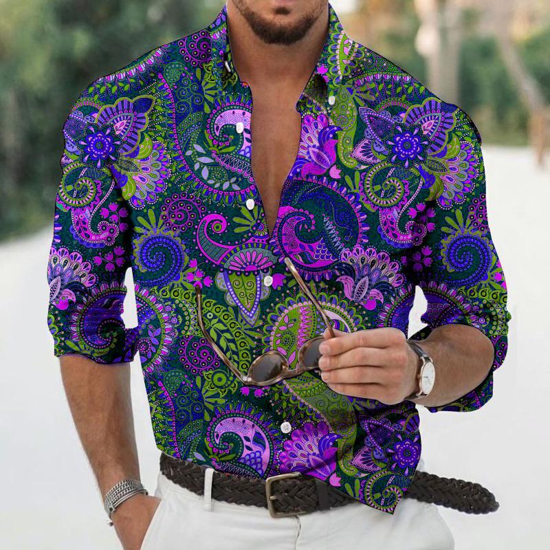 Men's Vintage Paisley Print Lapel Long Sleeve Shirt 98895959X