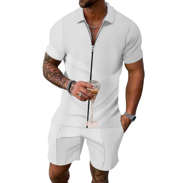 Men's Casual Lapel Zipper Short Sleeve Polo Shirt Elastic Waist Shorts Set 90525346M