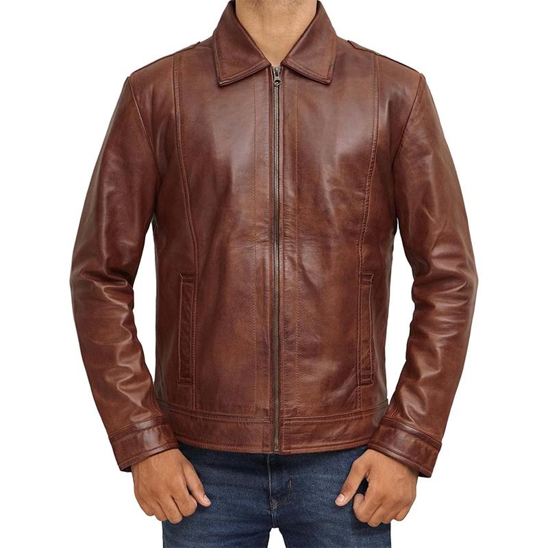 Men's Vintage Zipper Lapel Leather Jacket 10279530X