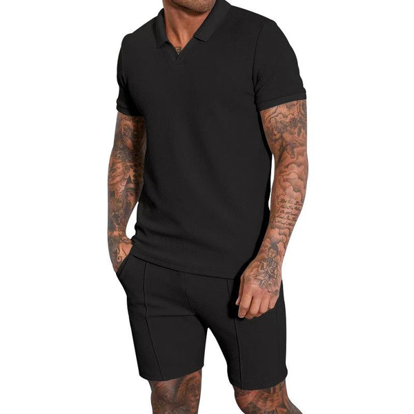 Men's Waffle V-neck Short Sleeve Polo Shirt Shorts Set 36292121Y