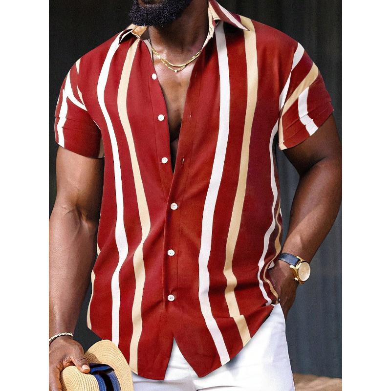 Men's Casual Striped Printed Lapel Short Sleeve Shirt 20632093Y