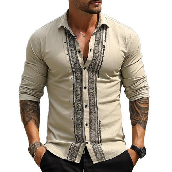 Men'S Casual Printed Patchwork Lapel Long Sleeve Shirt 57923674Y