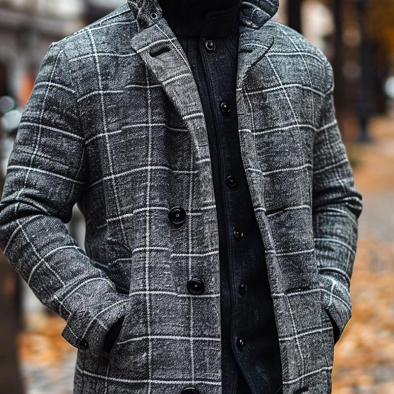 Men's Vintage Plaid Mid-length Coat 82831097X