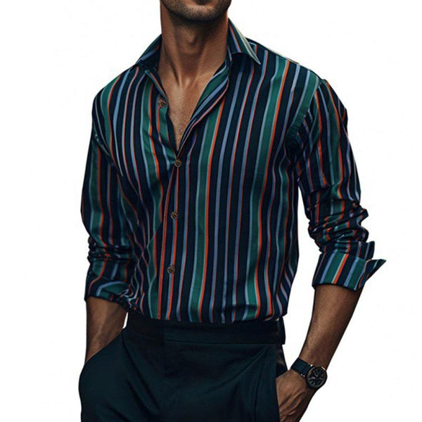 Men's Casual Contrast Stripe Print Lapel Long Sleeve Shirt 12336779M