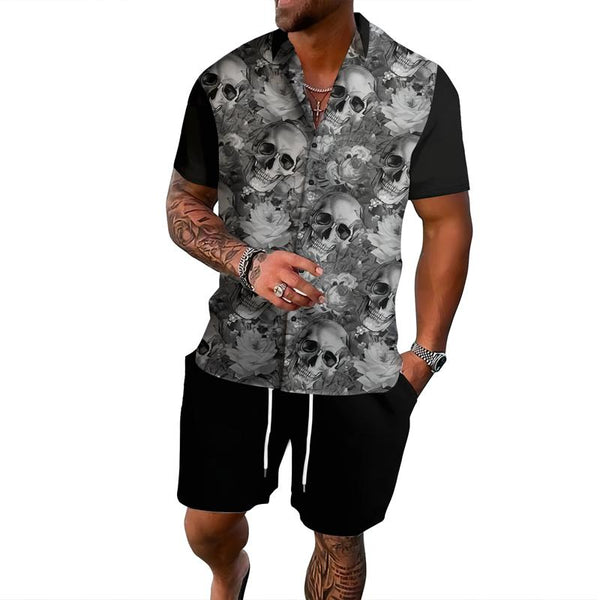 Men's Skull Print Lapel Button Shirt Short Sleeve Board Shorts Set 52812078X