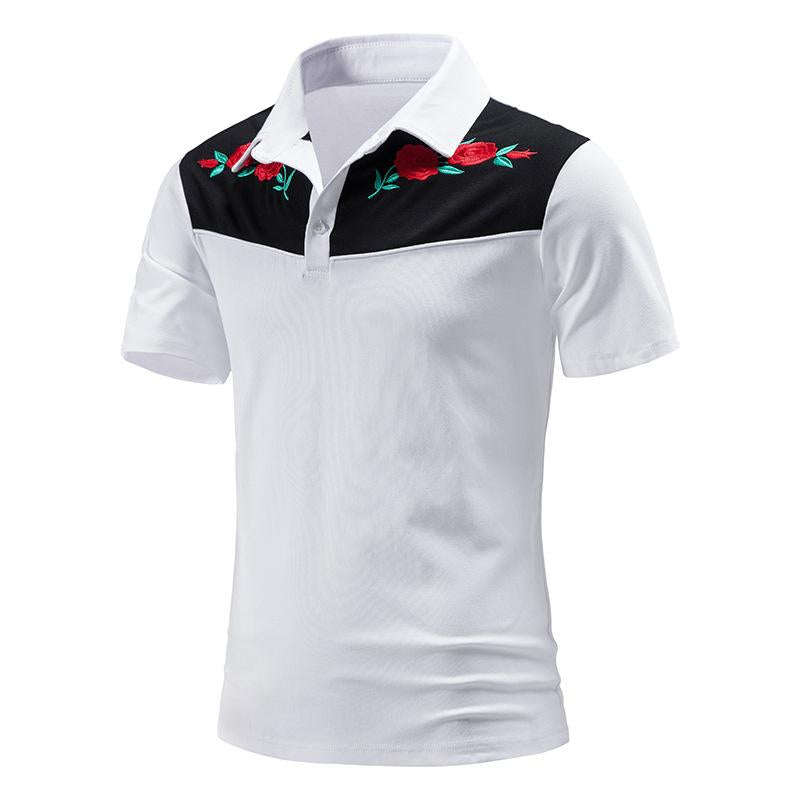 Men's Vintage Rose Embroidery Stitching Breathable Lapel Short Sleeve POLO Shirt 98245795Y