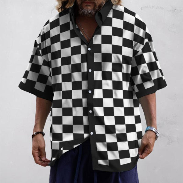 Men's Casual Checkerboard Lapel Short Sleeve Shirt 95155459TO