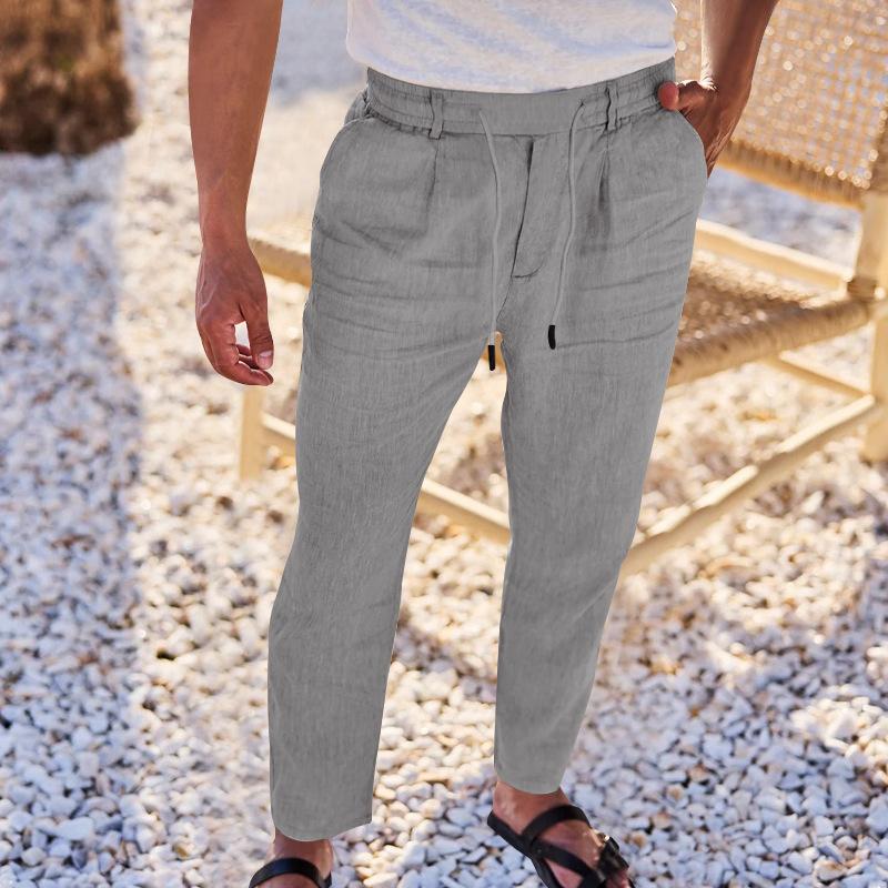 Men's Solid Color Cotton and Linen Drawstring Straight Pants 13578529X