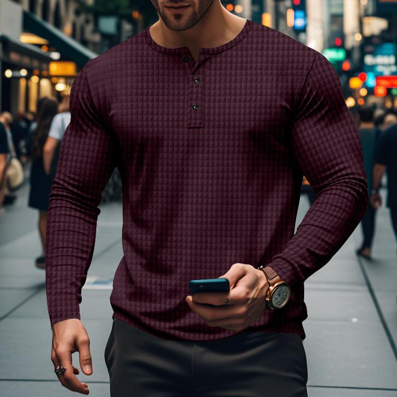 Men's Casual Vintage Solid Checkered Long Sleeve Henley T-Shirt 32523157TO