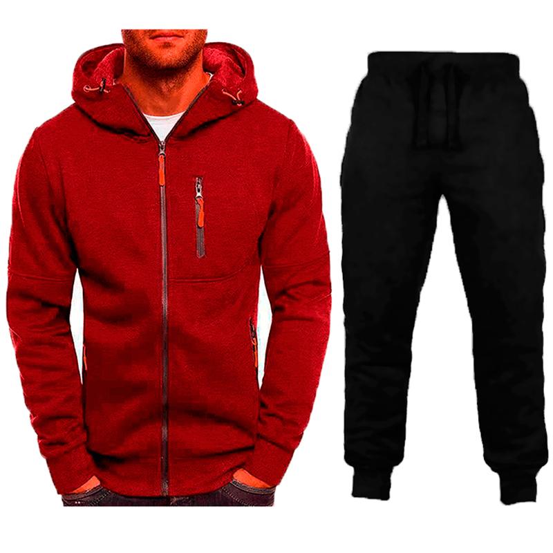 Men's Sports Zip-up Sweatshirt Hooded Trousers Solid Color Two-piece Set 66585624X