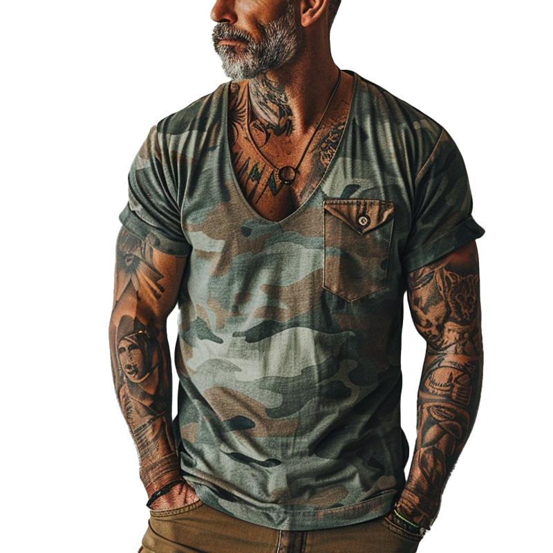 【Envío en 24 horas】Camiseta de manga corta con cuello en V y bolsillo en el pecho con estampado de camuflaje vintage para hombre 68738884Y