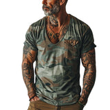 Men's Vintage Camo Print V-Neck Chest Pocket Short Sleeve T-Shirt 68738884Y