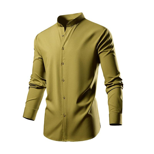 Men's Casual Solid Color Stand Collar Elastic Long Sleeve Shirt 85490907X