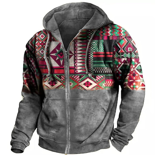 Men's Retro Casual Ethnic Style Geometric Print Zipper Hoodie 60305028TO