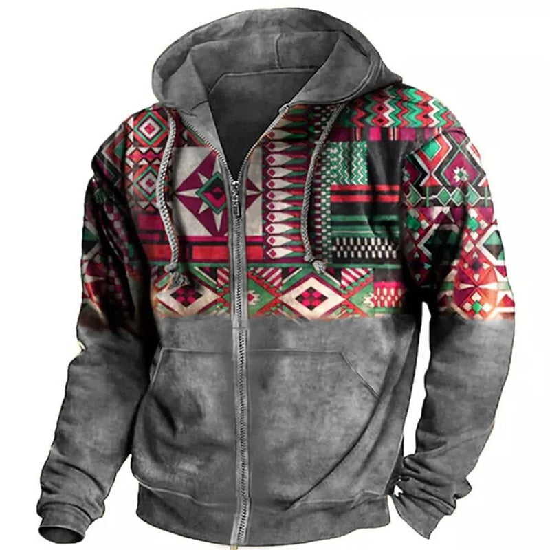 Men's Retro Casual Ethnic Style Geometric Print Zipper Hoodie 60305028TO