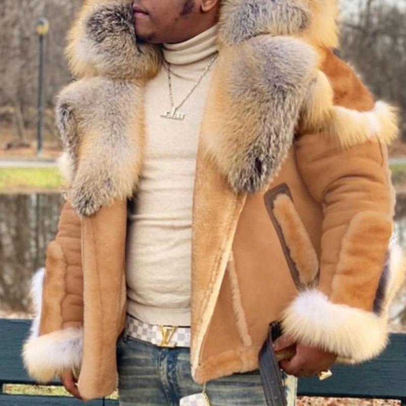 Men's Casual Faux Fur Warm Lapel Long Sleeve Coat 32646073M