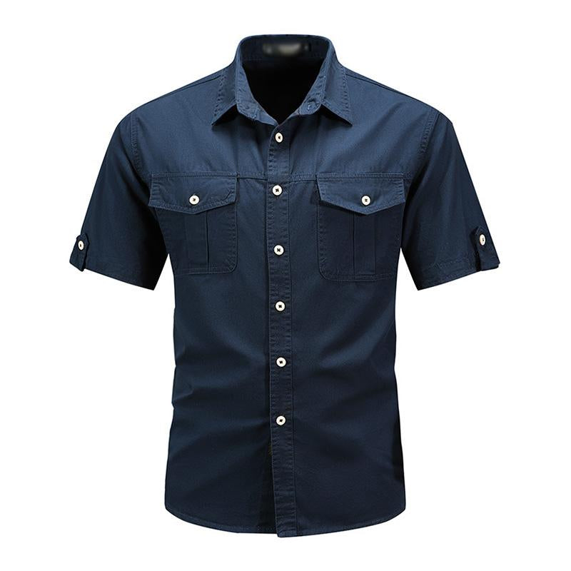 Men's Casual Loose Cotton Lapel Short-Sleeved Work Shirt 95101283M