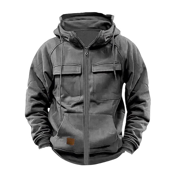 Men's Casual Solid Color Hooded Multi-Pocket Sweatshirt Jacket 17773365Y