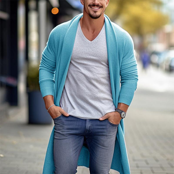 Men's Casual Solid Color Mid-Length Long-Sleeved Knitted Cardigan 40619426M
