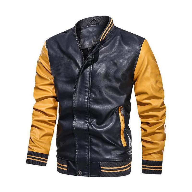 Men's Classic Casual Colorblock Zipper Stand Collar PU Leather Jacket 34793826K