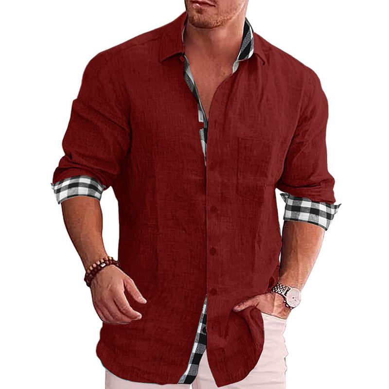 Men's Casual Plaid Printed Stitching Lapel Long Sleeve Shirt 73016568Y