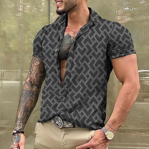 Men's Retro Geometric Simple Lapel Short Sleeve Shirt 24316740TO