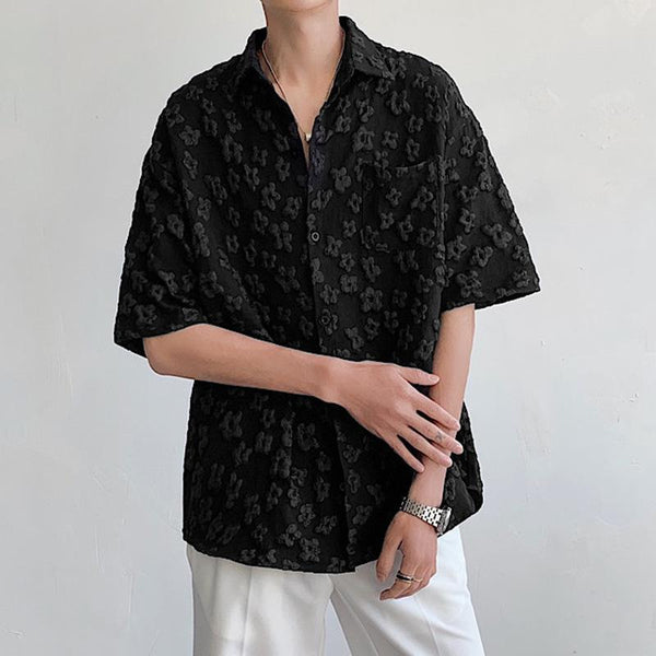 Men's Casual Loose 3D Embossed Lapel Short-sleeved Shirt 94523937M