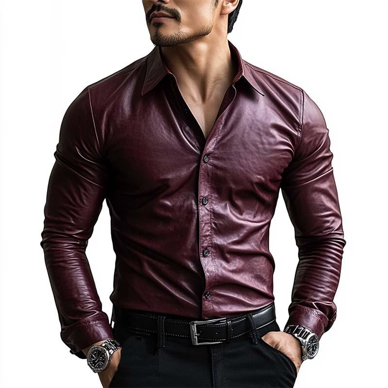 Men's Classic Casual Slim Fit Leather Long Sleeve Shirt 27974770K