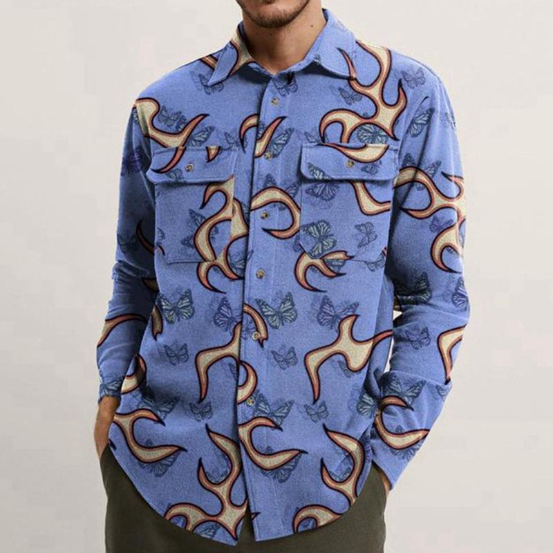 Men's Casual Lapel Printed Slim-Fit Long-Sleeved Woolen Shirt 06173127M
