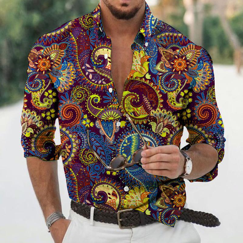 Men's Vintage Paisley Print Lapel Long Sleeve Shirt 98895959X