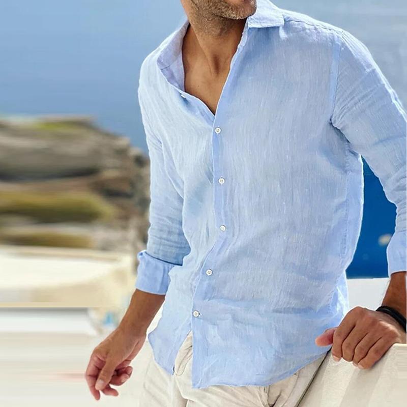 Camicia casual da uomo in cotone e lino tinta unita con colletto a revers e maniche lunghe traspirante 78653851Y